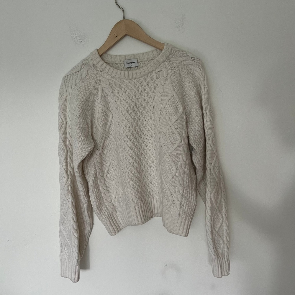 Sunday Best Aritzia Cream White Cable Knit Wool Blend Crewneck Sweater Medium